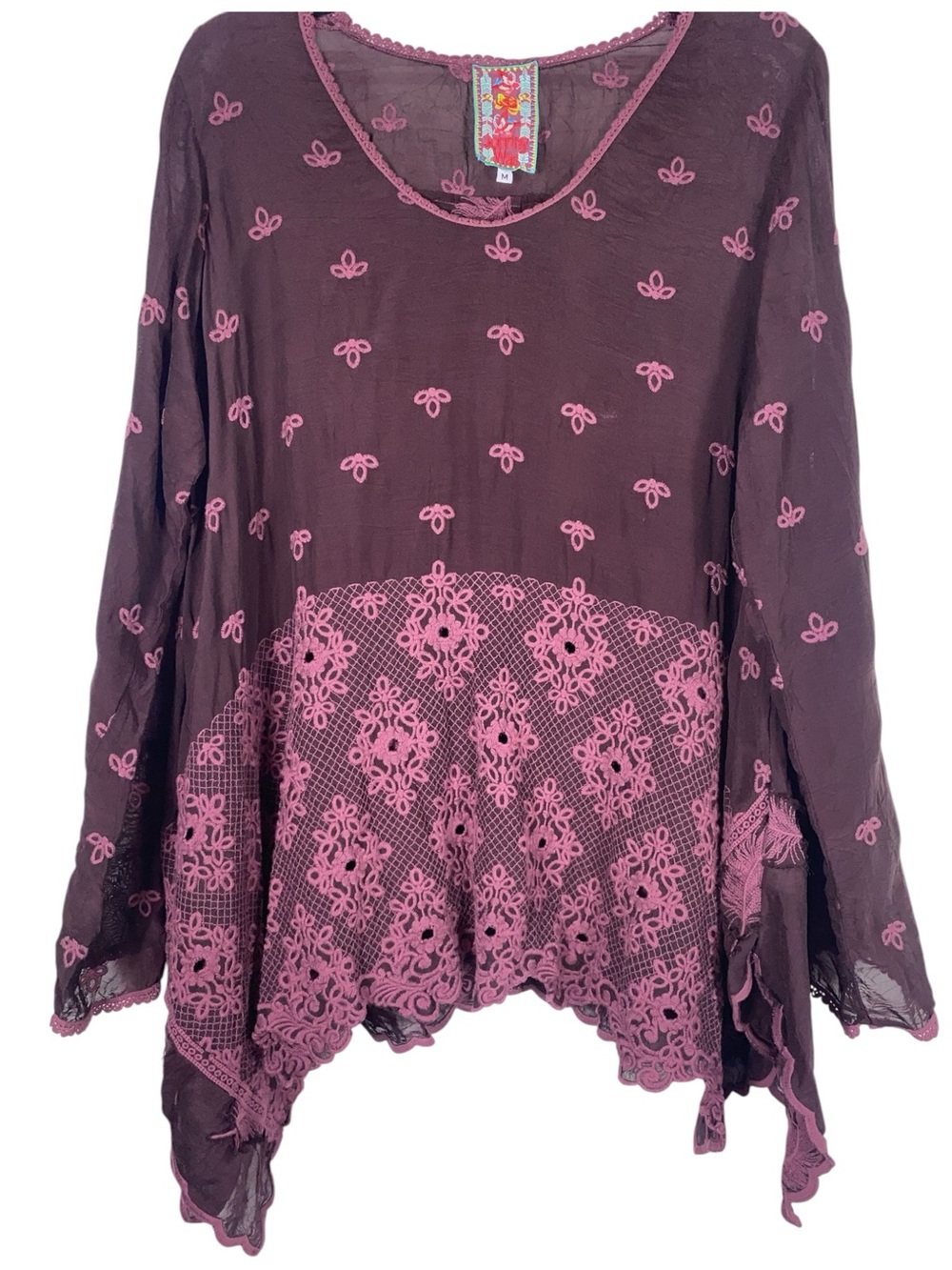 Johnny Was Dantel Flowy Tunic Merlot Size M Feathers Eyelet Cottage Core Boho